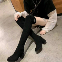 Sepatu Winter Long Boots Heels Chunky Korea Suede Hitam Wanita Kerja B26