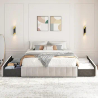 Queen Bed Frame Upholstered Platform Bed with 4 Storage Drawers, Large Storage Space/Strong Wooden Slats/Beige Queen Bed