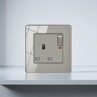 T&amp;I 13A 1-GANG DP SWITCHED PLUG SOCKET Grey Glass 13 Amp Switched Single Power Socket 86*86mm