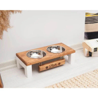Tempat Makan Kucing Kayu 2/3 Bowl Stainless Steel Custom Nama