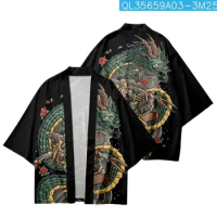 Black Cartoon Dragon Samurai Printed Kimono Cropped Pants Set Summer Women Men Japanese Haori Streetwear Cardigan Yukata Cosplay