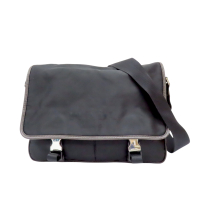 PRADA 普拉達 黑色帆布 棕色皮革 郵差包 肩背包 VA0768 【二手名牌BRAND OFF】