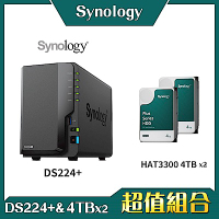 Synology DS224+ 2Bay NAS 網路儲存伺服器＋Synology HAT3300 4TB NAS硬碟-兩入組