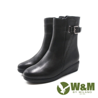 W&amp;M(女)皮釦造型內拉鍊楔型底女靴 女鞋－黑色(另有棕灰色)