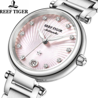 Reef Tiger Top Brand Mechanical Watch For Women Diamond Rhinstone Sapphire Crystal Self Automatic Wristwatch Date Reloj Mujer