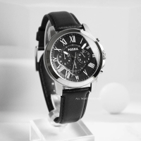 【FOSSIL】黑皮革錶帶白鋼三眼計時腕錶 過年/新年(FS4812)