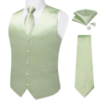 Sage Green Solid Silk Suit Vest for Men Tie Handkerchief Cufflinks Wedding Party Formal Tuxedo Male Blazer Waistcoat