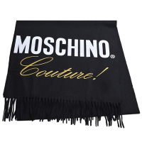 MOSCHINO 義大利製大品牌金色刺繡字母LOGO 100%羊毛圍巾(黑系)