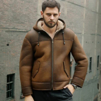 New Mens Brown Shearling Jacket Flight Jacket Hooded Leather Jacket Thicken Mens Winter Coats Short Fur Coat