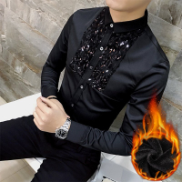 FINDSENSE品牌 秋冬季 新款 日本 男 高端  簡約 個性亮片 加絨加厚 修身 時尚 純色 襯衫  潮流上衣