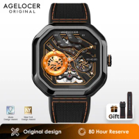 AGELOCER Original Volcano Watch Men's Square Luminous Skeleton Automatic Mechanical Watch Birthday Gift for Men