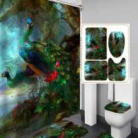Watercolor Peacock Feather Shower Curtain Set with Rugs Toilet Lid Cover Carpet Bath Mat Bathroom Curtains Home Decor