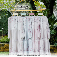 DRESS CLASSY by ADEVA / Gamis Maxi Muslim Silky Variasi Renda Bunga - Bunga