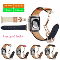Rose Gold Genuine Leather Single Tour Deployment Watch Band for Apple Watch 6 5 4 3 38-44mm Strap for iWatch Band Fran-19bd