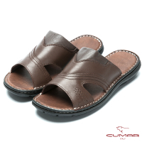 CUMAR 舒適真皮 簡單大方氣墊涼拖鞋-咖啡色