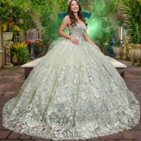 Lorencia Mexican Sage Green Quinceanera Dress Puffy Sleeve 3D Floral Lace Applique Beaded Sweet 16 Dress Vestidos XV Años YQD435
