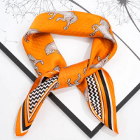 New 100% mulberry silk printed small square scarf fashionable bandana women's versatile bag decorated with ribbon scarf