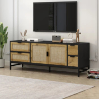 Elegant rattan TV cabinet for TVs up to 65 inches, media console with adjustable shelves, stylish TV console table, brown