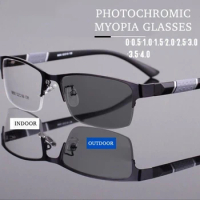 Vintage Business Photochromic Myopia Glasses for Women Men Metal Half Frame Anti Blue Light Eyewear Classic UV Shades Sunglasses
