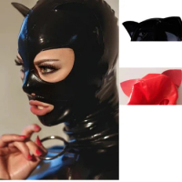 Latex Mask Cosplay Cat Ear Woman Rubber Hood with Front Ring Back Zipper Sexy Fetish Latex Headgear Customized XS-XXL