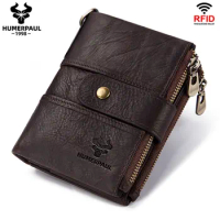 100% Genuine Leather Men's Bifold Wallet RFID Blocking High Security Credit Card Holder Small Hasp Zipper Clutch Coin Purse