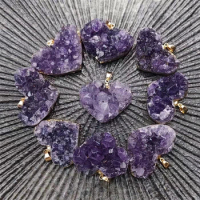 1pcs 3cm Natural Amethyst Clear Quartz Cluster Heart Shaped Golden Edged Pendant Reiki Healing Crystals Geode For Jewelry