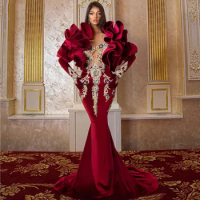 Elegant Velvet Red Mermaid Evening Dresses 2024 Delicate Rhinestone Long Evening Gowns Ruffles One Shoulder Formal Gowns