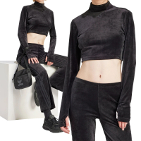 【adidas 愛迪達】Velvet Crop TOP 女款 黑色 天鵝絨 立領 舒適 休閒 短版 上衣 IT9660
