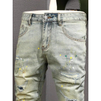 Jeans Denim Lelaki Gaya Vintage, Warna Biru Indigo, Rekaan Corak Tinta, Perincian Tampalan Koyak, Pe