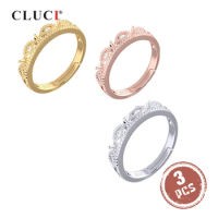 CLUCI 3pcs 925 Sterling Silver Rose Gold Crown Ring for Women Silver 925 Pearl Ring Mounting Adjustable Crown Ring SR2223SB