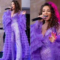 Purple Sequined Evening Gowns V Neck Ruffles Long Sleeve Birthday Dress Girls Sequins Evening Gowns Jumpsuits