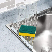 Roll Up Triangle Dish Drying Rack Kitchen Sink Organizer Corner Over the Sink Sponge Rag Holder Foldable Stainless Steel Drainer