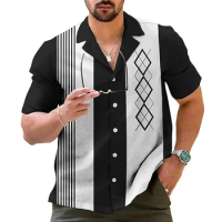 Mens Casual Vintage Bowling Shirt Retro Striped Short Sleeve Button Down Shirts