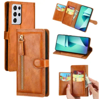 S21 Ultra Case Luxury Leather Zipper Flip Wallet Case for Samsung Galaxy S21 Ultra Cover For S22 Ultra S21 Plus FE S21+ Funda