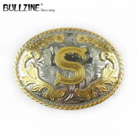 The Bullzine western flower with letter "S" belt buckle with silver and gold finish FP-03702-S for 4cm width snap on belt