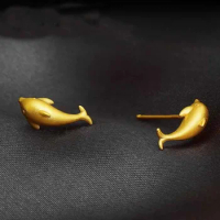 Pure 24K Yellow Gold Earrings Women 999 Gold dolphin Stud Earrings