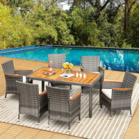 Patio Dining Set Outdoor Dining Set, Wicker Patio Furniture Set with Acacia Wood Table and Chairs, Garden Dining Table Set