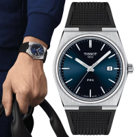 【TISSOT 天梭 官方授權】PRX系列 1970年代復刻 藍面 黑膠帶 快拆帶 時尚腕錶 母親節 禮物(T1374101704100)