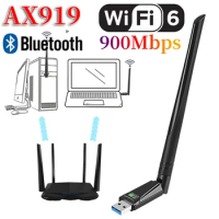WiFi6 USB Adapter AX919 Bluetooth 5.3 Dual band 900Mbps Wireless Network Card Wifi Antenna Dongle Free Drive For PC Win10 11