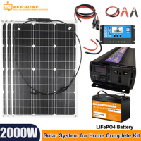 2kw Solar System For Home Complete Kit With 100w Solar Panel 220v 2000w Inverter 1280 Wh LiFePO4 Battery Car Camping RV