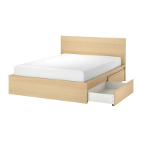 MALM 雙人床框, 染白橡木, 附lönset床底板條/2件床底收納盒