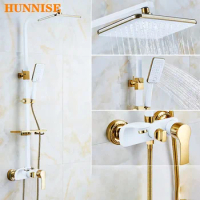 Bathroom Shower System Solid Brass Bathtub Mixer Faucet White Gold Bathroom Mixer Set Rainfall Shower Head Bath Shower Set
