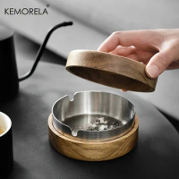 Acacia Wood Desktop Ashtray With Lid Stainless Steel Windproof Ash Tray For Bar Office Home Decoration Smoking Accessories