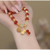 Gelang Giok Asli Batu Kacang Merah Titanium/Gelang Giok Kacang Wanita Berlapis Emas 18K Anti Luntur/