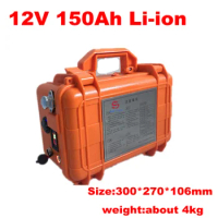 Waterproof 12v 150ah Lithium ion battery pack with 100A BMS for 1000W Solar inverter UPS fishing boat + 10A Charger