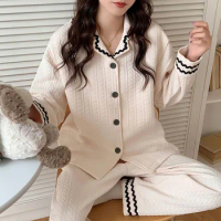 Plus Size Women Nursing Pajama Sets For Autumn Winter Cotton Long Sleeve Cardigan Tops+Loose Trousers 2PCS Sleepwear Home Pyjama