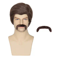 Miss U Hair Men Short Brown Wig with Mustache 70s 80s Costume Party Wig