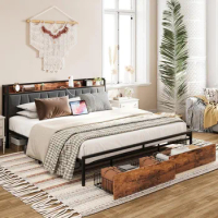 King Size Bed Frame, Storage Headboard with Charging Station, Platform Bed with Drawers, No Box Spring Needed, Heavy Duty