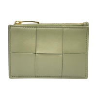 【二手名牌BRAND OFF】BOTTEGA VENETA BV 寶緹嘉 洞石綠 羊皮 牛皮 編織 拉鍊 零錢包