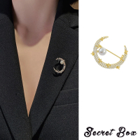 【SECRET BOX】水鑽胸針 星星胸針 珍珠胸針/韓國設計閃耀水鑽月牙星星珍珠胸針(2色任選)
